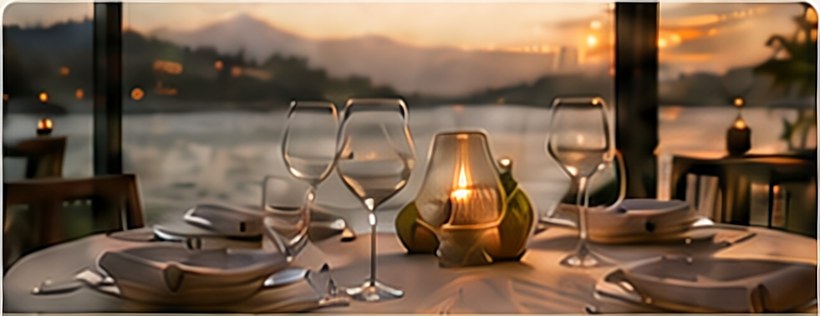 A candlelit dinner table overlooking water at sunset