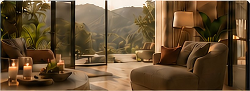 A softly lit retreat lounge opening onto a valley view