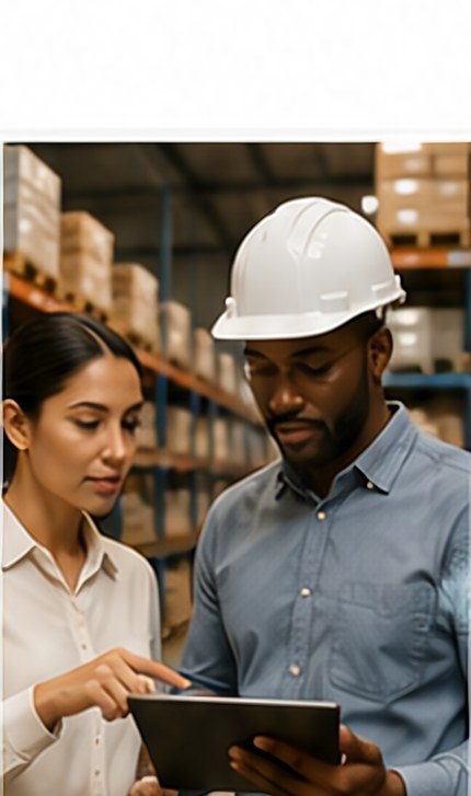 Two colleagues reviewing stock on a tablet in a warehouse
