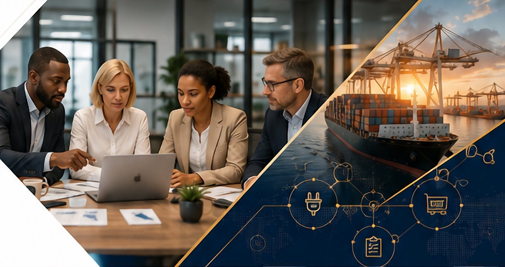 A sourcing team in discussion, and a container terminal at sunrise